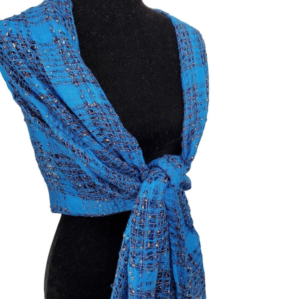 Womens Shawl Wrap Scarf Royal Blue and Gold Open Knit With Fringe 27x70" Long